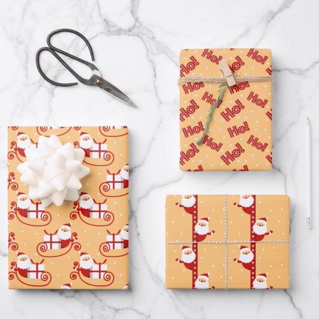 HoHoHo Santa Claus Images on Peach Christmas Wrapping Paper Sheet (Front)