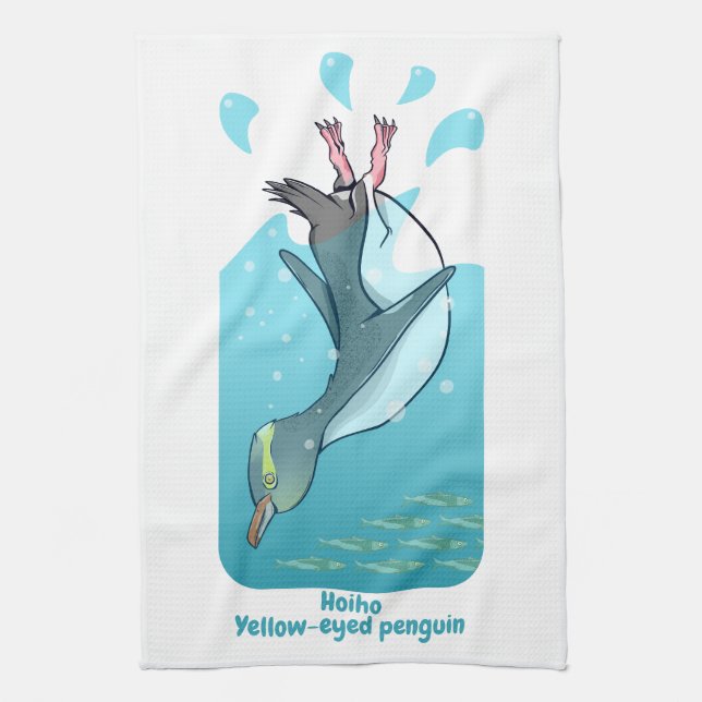 HOIHO YELLOW EYED PENGUIN SWIMMING TEA TOWEL (Vertical)