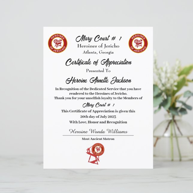 HOJ Certificate of Appreciation (Standing Front)