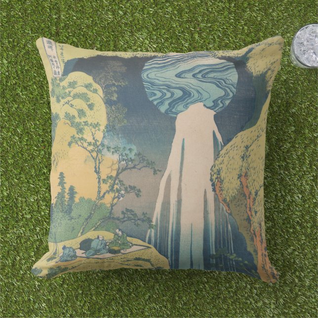 Hokusai Amida Falls Japan Waterfall  Cushion (Grass)