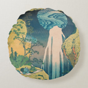 Hokusai Amida Falls Japan Waterfall Round Cushion