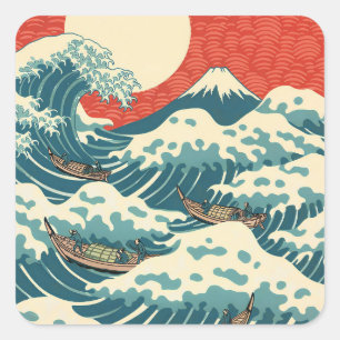 Hokusai Big Wave Retro Japanese Art Square Sticker