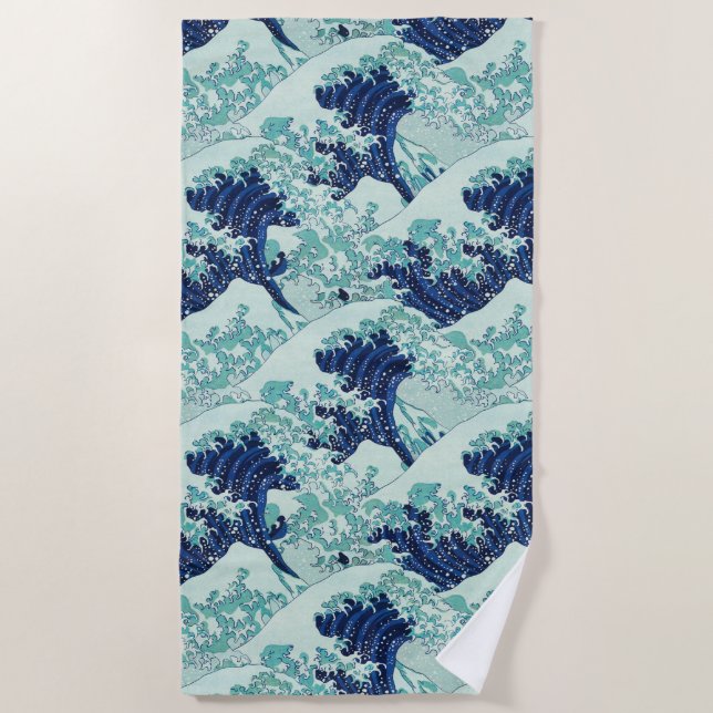 Hokusai Blue Waves Pattern Beach Towel (Front)