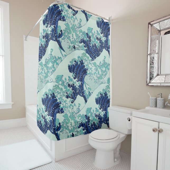Hokusai Blue Waves Pattern Shower Curtain (In Situ)