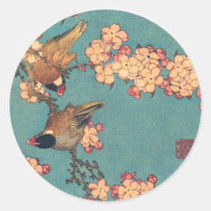 Hokusai Bullfinch and Cherry Blossom Vintage Bird Classic Round Sticker