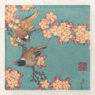 Hokusai Bullfinch and Cherry Blossom Vintage Bird Glass Coaster