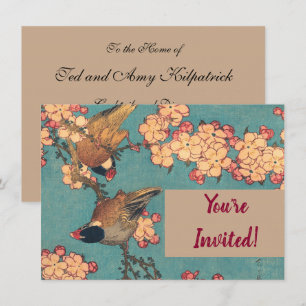 Hokusai Bullfinch and Cherry Blossom Vintage Bird Invitation