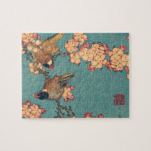 Hokusai Bullfinch and Cherry Blossom Vintage Bird Jigsaw Puzzle