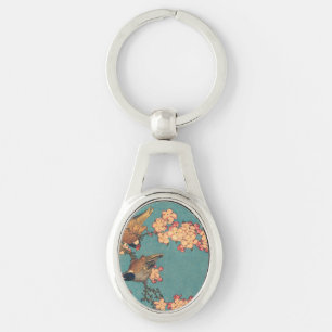 Hokusai Bullfinch and Cherry Blossom Vintage Bird Key Ring