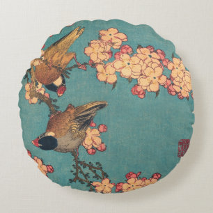 Hokusai Bullfinch and Cherry Blossom Vintage Bird Round Cushion