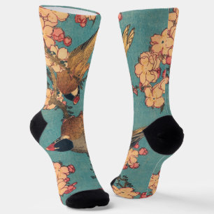 Hokusai Bullfinch and Cherry Blossom Vintage Bird Socks