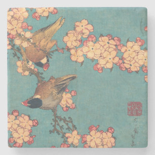 Hokusai Bullfinch and Cherry Blossom Vintage Bird Stone Coaster