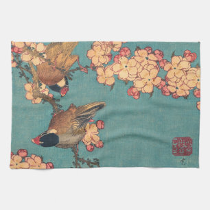Hokusai Bullfinch and Cherry Blossom Vintage Bird Tea Towel