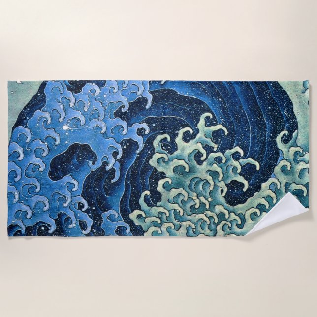 Hokusai Feminine Wave Vintage Ocean  Beach Towel (Front)