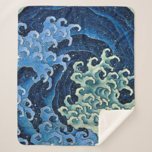 Hokusai Feminine Wave Vintage Ocean Sherpa Blanket