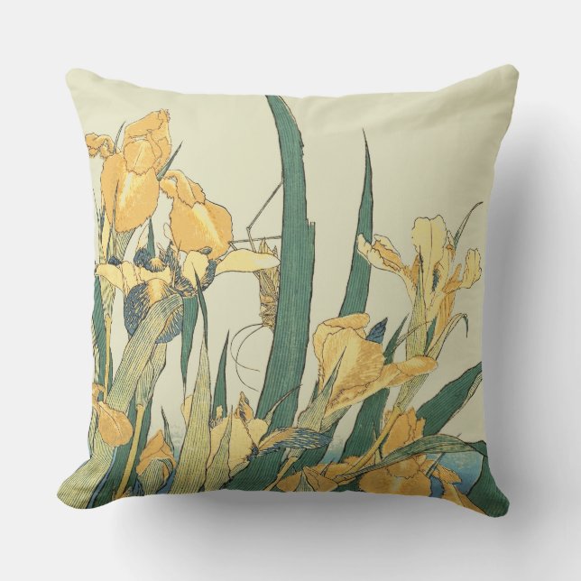 Hokusai grasshopper and iris Japan Cushion (Front)