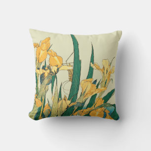 Hokusai grasshopper and iris Japan Cushion