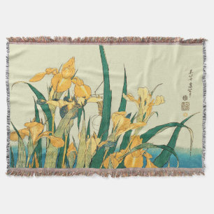 Hokusai grasshopper and iris Japan Throw Blanket