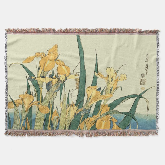 Hokusai grasshopper and iris Japan Throw Blanket (Front)