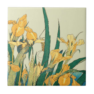 Hokusai Grasshopper Iris Vintage Print: Japanese Ceramic Tile