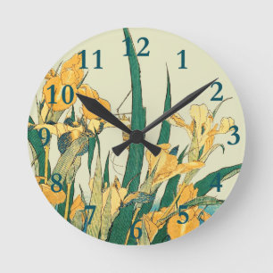 Hokusai Grasshopper Iris Vintage Print: Japanese Round Clock