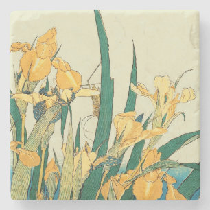 Hokusai Grasshopper Iris Vintage Print: Japanese Stone Coaster