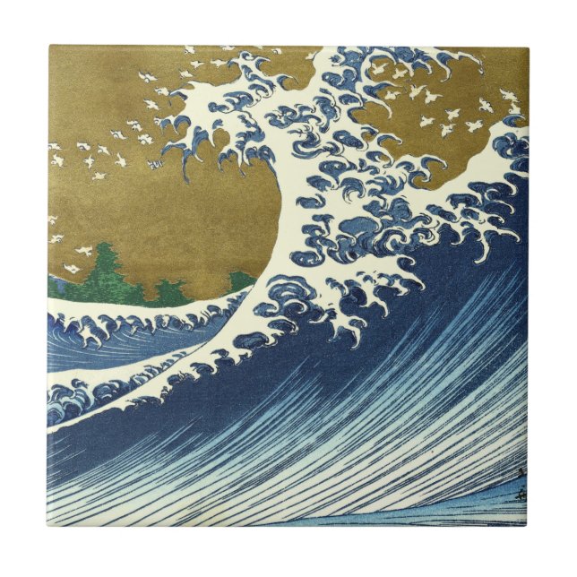 Hokusai Great Wave Pattern: Japanese Ukiyo-e Art Ceramic Tile (Front)