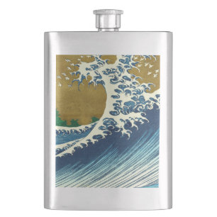Hokusai Great Wave Pattern: Japanese Ukiyo-e Art Hip Flask