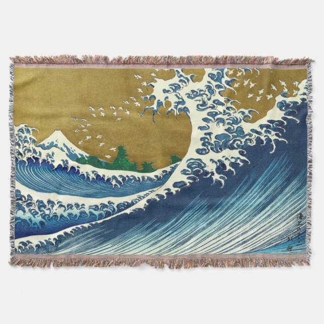 Hokusai Great Wave Pattern: Japanese Ukiyo-e Art Throw Blanket (Front)
