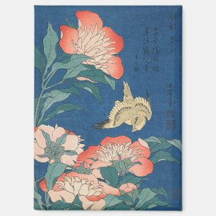 Hokusai Japanese Art Peonies and Canary Bird Magnet