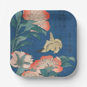 Hokusai Japanese Art Peonies and Canary Bird Paper Plate