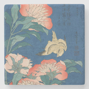 Hokusai Japanese Art Peonies and Canary Bird Stone Coaster