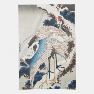 Hokusai Japanese Art Two Cranes Snowy Pine Tea Towel