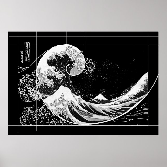 Hokusai Meets Fibonacci, Black and White Poster (Front)
