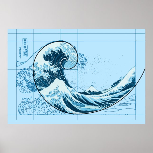 Hokusai Meets Fibonacci, Blue Poster (Front)