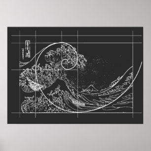 Hokusai Meets Fibonacci linear black and white Poster