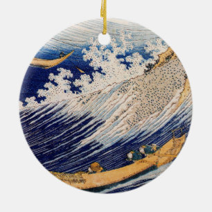 Hokusai Ocean Waves Fishing Boats Ceramic Ornament