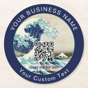 Hokusai - The Great Wave off Kanagawa - QR Code Round Paper Coaster