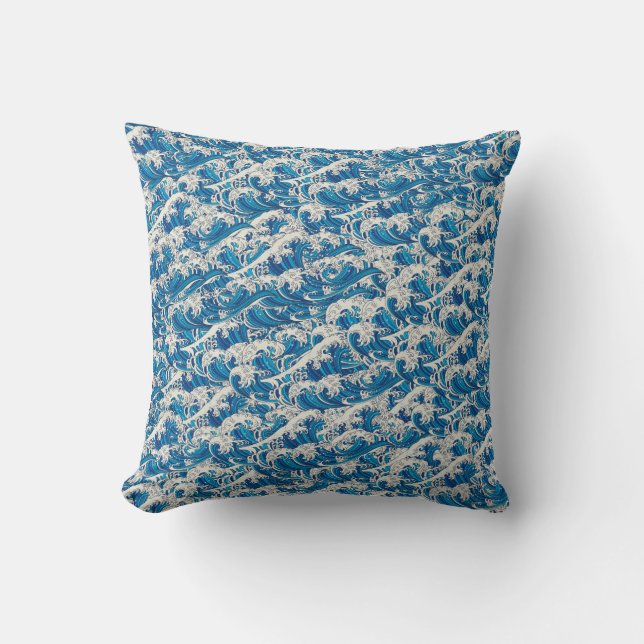 Hokusai the Great Wave Pattern Nautical Blue wave Cushion (Front)