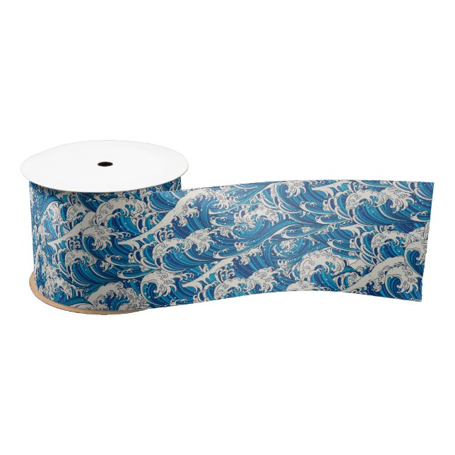 Hokusai the Great Wave Pattern Nautical Blue wave Satin Ribbon (Spool)