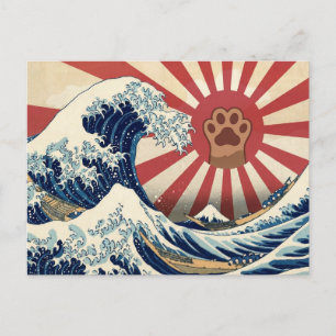 HOKUSAI "The Great Wave" & Rising Sun Flag & Cat Postcard