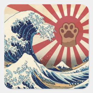 HOKUSAI "The Great Wave" & Rising Sun Flag & Cat Square Sticker