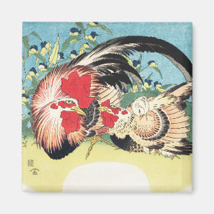Hokusai Vintage Japanese Art Rooster Hen Flowers Magnet