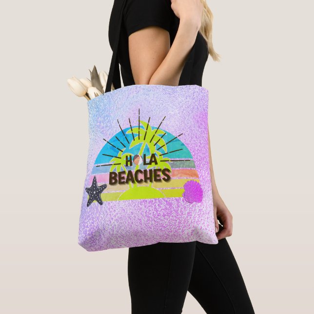 Hola beaches sun,beach silver blue pink palms tote bag (Close Up)