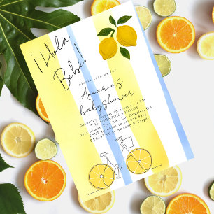 Hola Bebe Yellow Blue Stripes Lemons Baby Shower Invitation