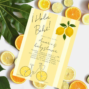 Hola Bebe Yellow Stripes Lemons Baby Shower Invitation
