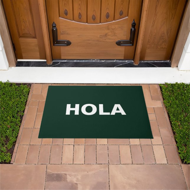 Hola dark green & white Spanish hello minimalist Doormat (Outdoor)