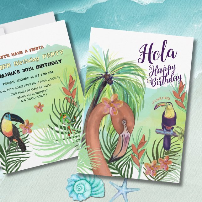 Hola Happy Birthday -Tropical Flamingo Toucan  Invitation (Hola Happy Birthday -Tropical Flamingo Toucan Invitation)