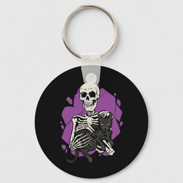 Holding A Black Cat Lazy Halloween Costume Skull  Key Ring (Front)