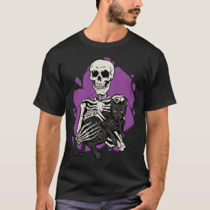Holding A Black Cat Lazy Halloween Costume Skull T-Shirt